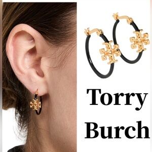 Tory Burch Eleanor Small Black Enamel & Gold Hoop Earrings